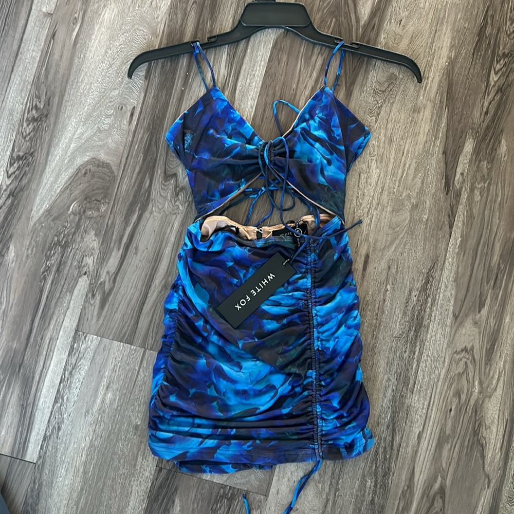 White Fox Boutique Blue & Black Ruched Mini Dress